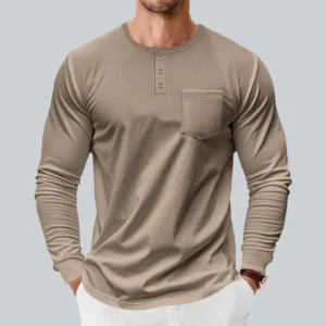 Custom Breathable Pocket Henley Long Sleeve T Shirt